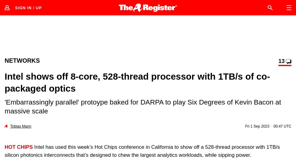 Screenshot of theregister.com: Intel shows off 8-core, 528-thread processor with 1TB/s of co-packaged optics