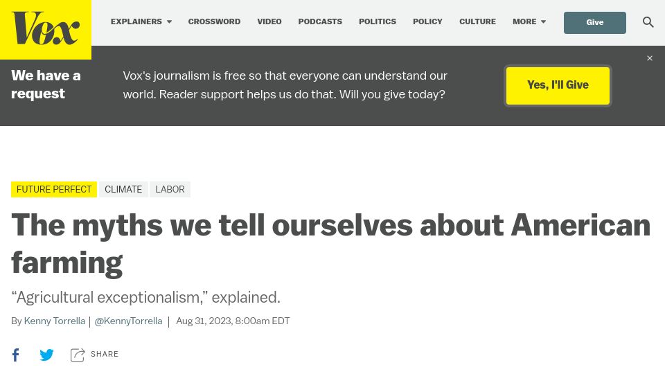 Screenshot of vox.com: The myths we tell ourselves about American farming
