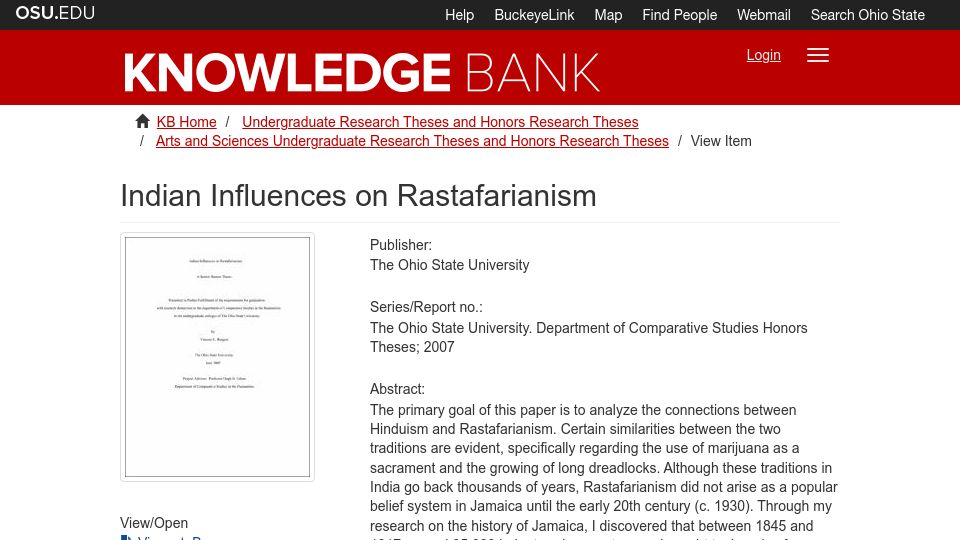 Screenshot of kb.osu.edu: Indian Influences on Rastafarianism