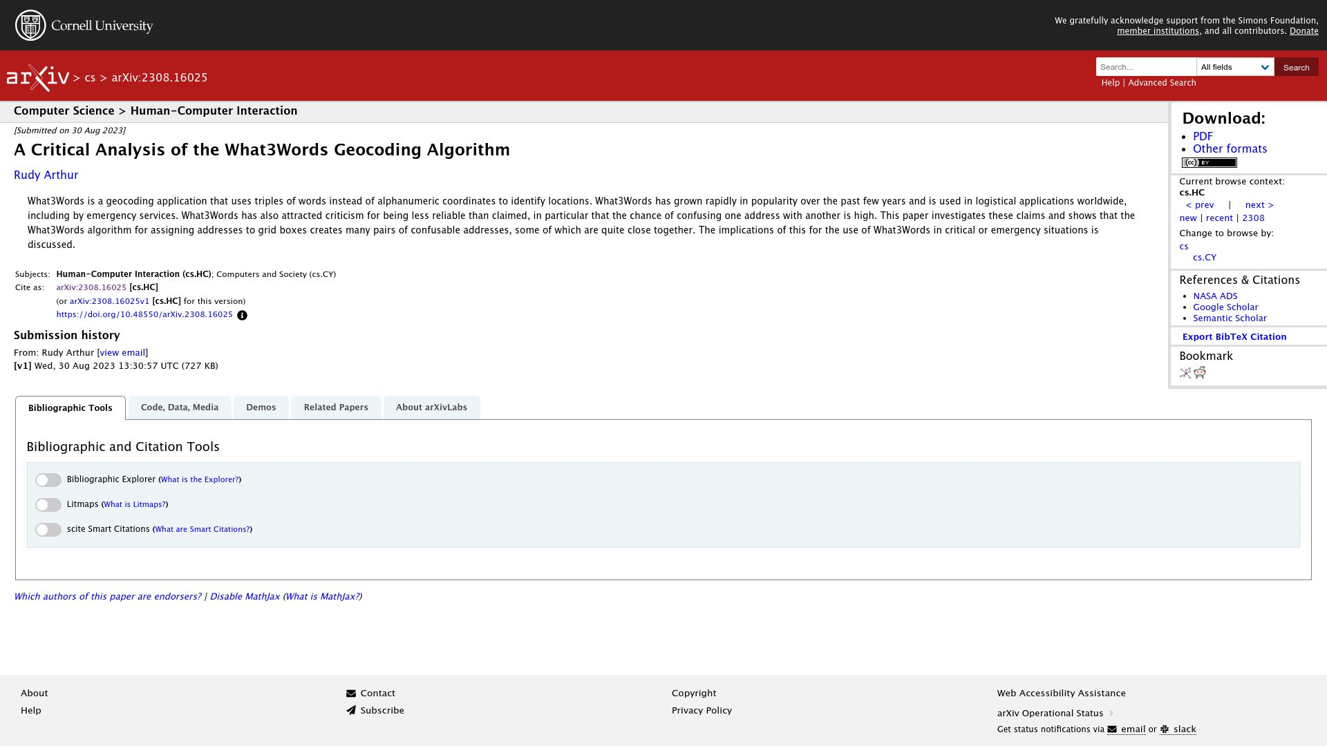 Screenshot of arxiv.org: A Critical Analysis of the What3Words Geocoding Algorithm