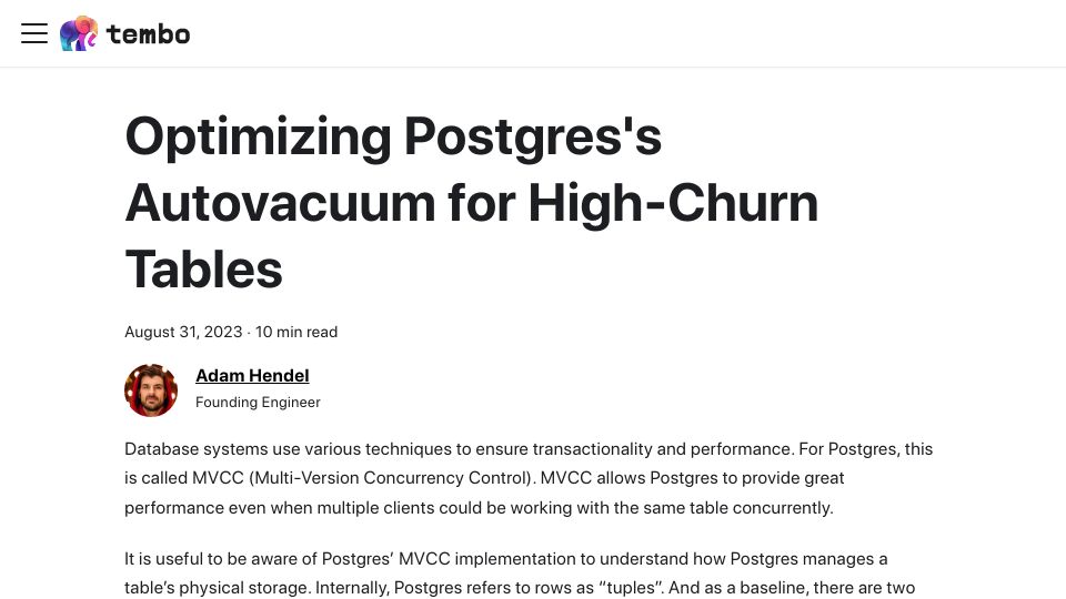 Screenshot of tembo.io: Optimizing Postgres's autovacuum for high-churn tables