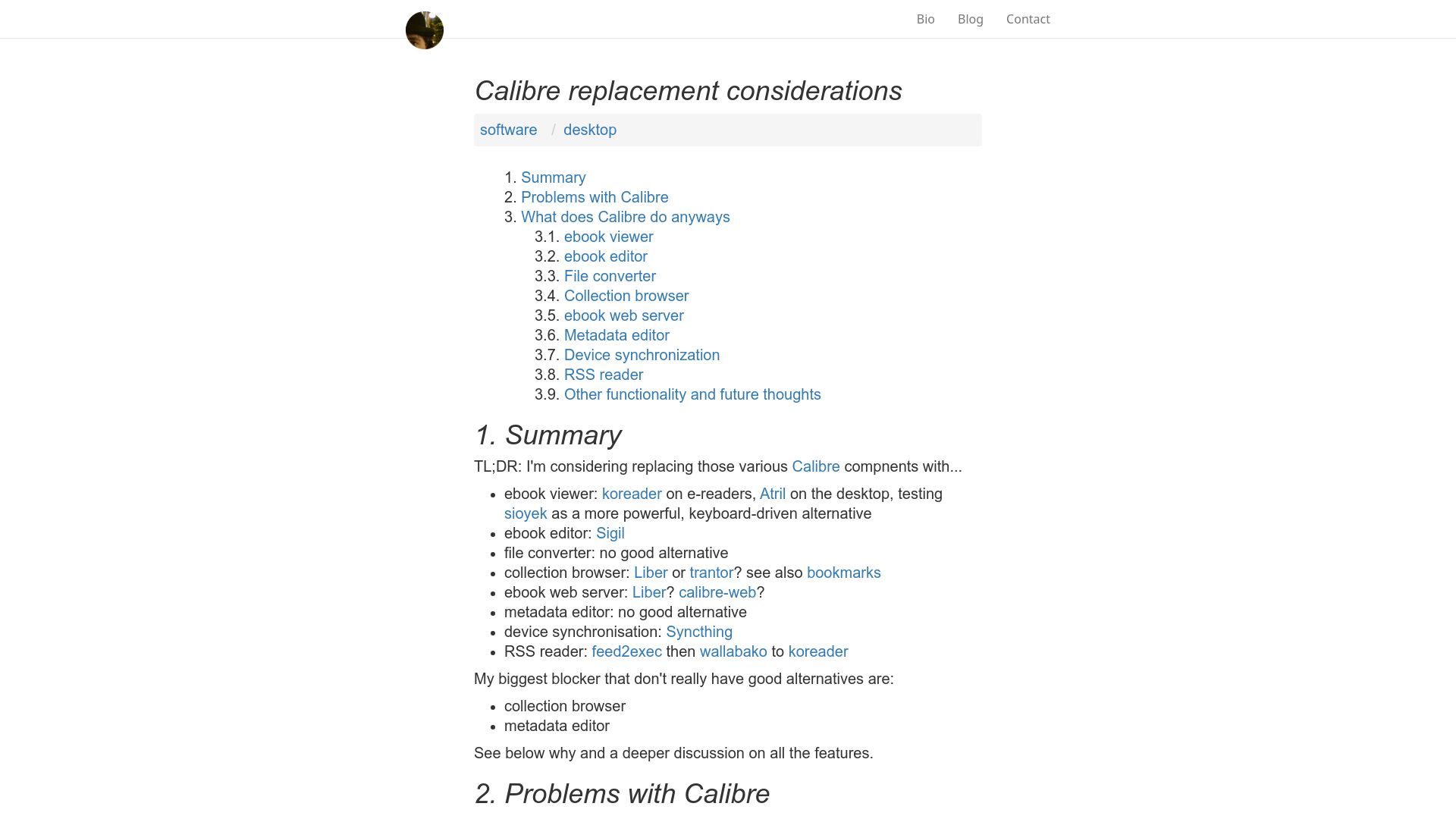 Screenshot of anarc.at: Calibre replacement considerations (2019)
