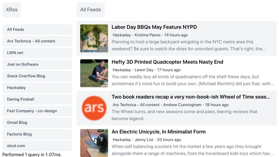 Screenshot of xrss.infogulch.com: Show HN: XRss – RSS Reader and web stack demo