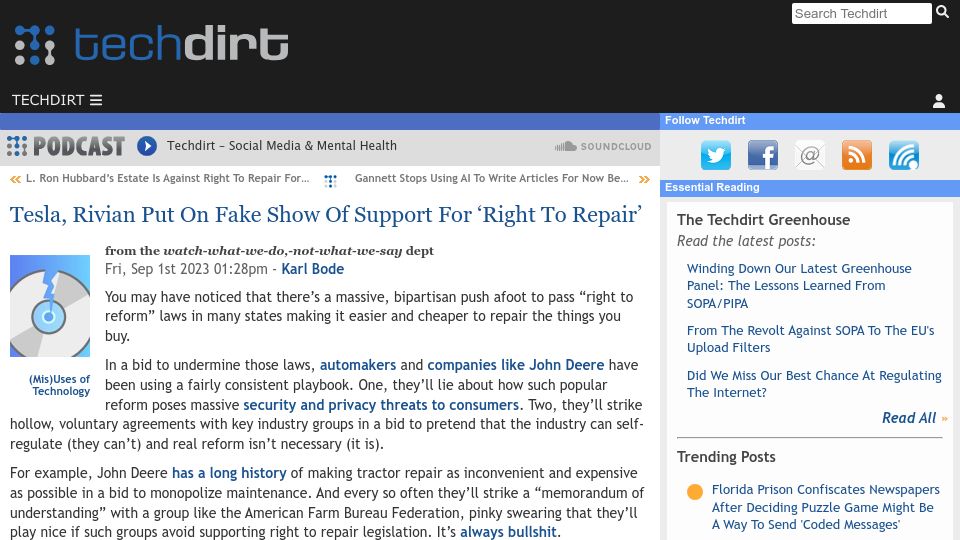 Screenshot of techdirt.com: Tesla, Rivian Put on Fake Show of Support for ‘Right to Repair’