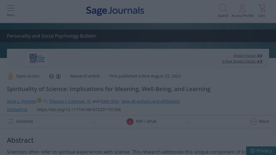 Screenshot of journals.sagepub.com: Spirituality of Science: Implications for Meaning, Well-Being, and Learning