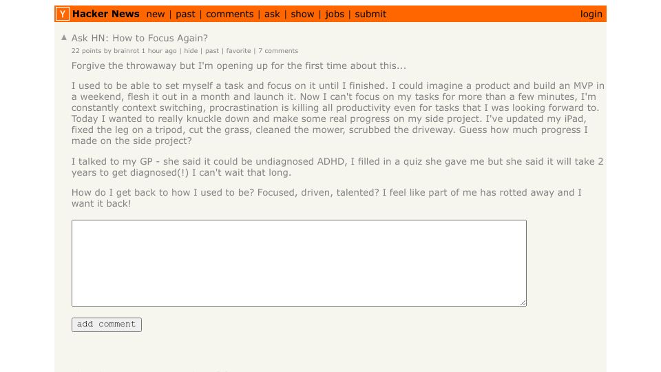 Screenshot of Hacker News post: Ask HN: How to Focus Again?