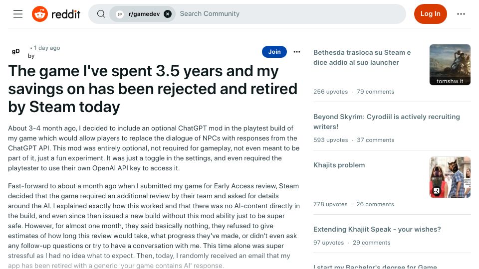Screenshot of sh.reddit.com: The game I've spent 3.5 years on has been rejected and retired by Steam today