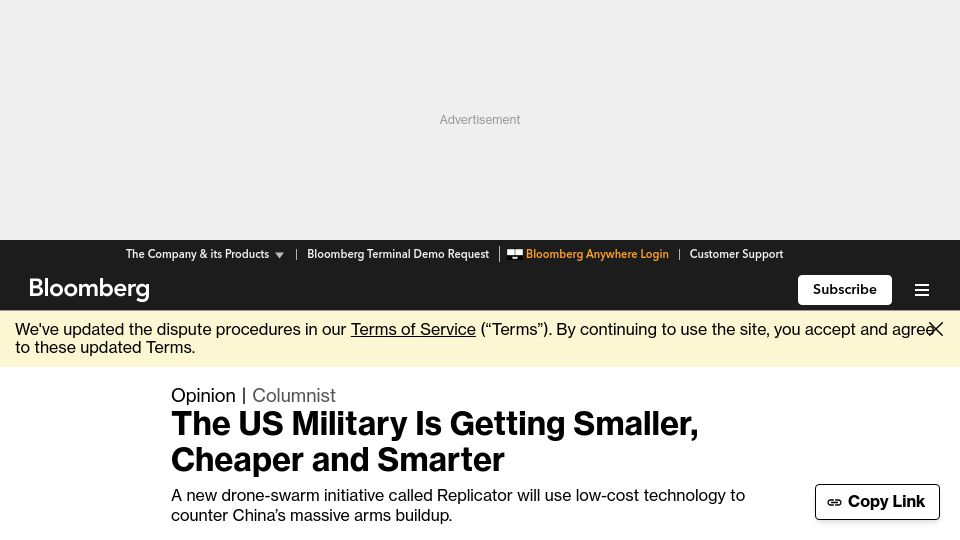 Screenshot of bloomberg.com: The US Military Is Getting Smaller, Cheaper and Smarter