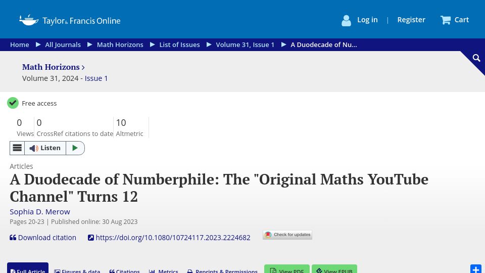 Screenshot of tandfonline.com: A Duodecade of Numberphile