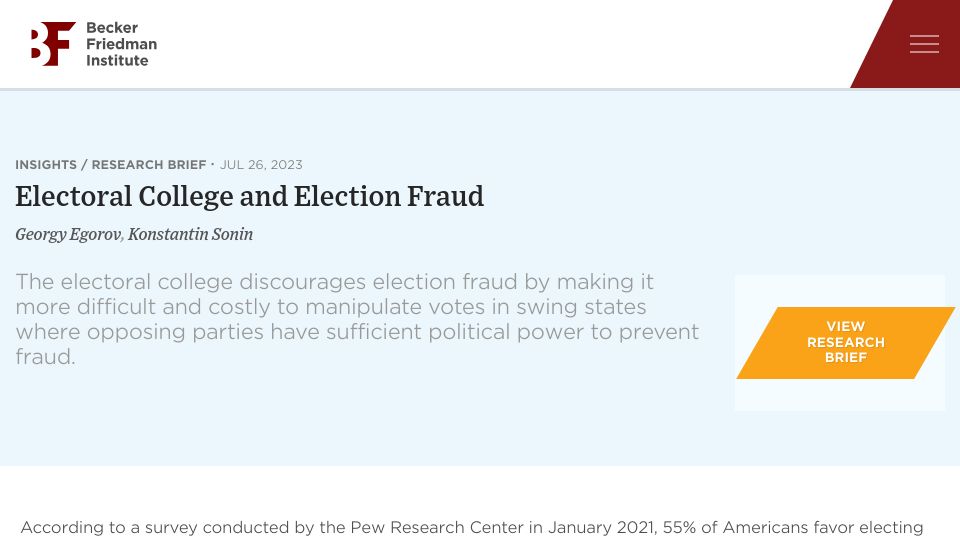 Screenshot of bfi.uchicago.edu: Electoral College and Election Fraud