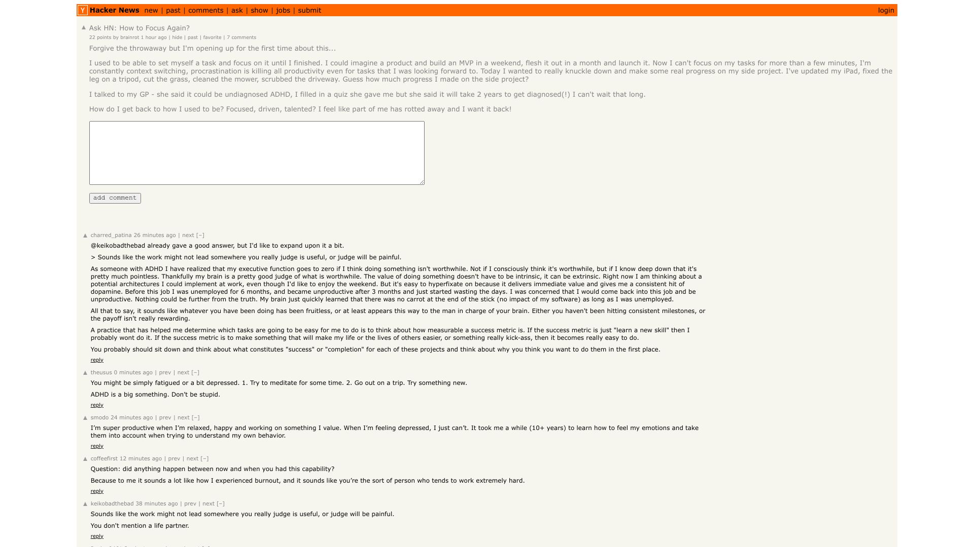 Screenshot of this Hacker News post: Ask HN: How to Focus Again?