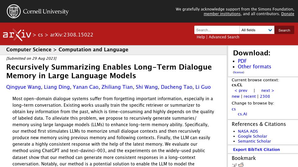 Screenshot of arxiv.org: Recursively summarizing enables long-term dialogue memory in LLMs