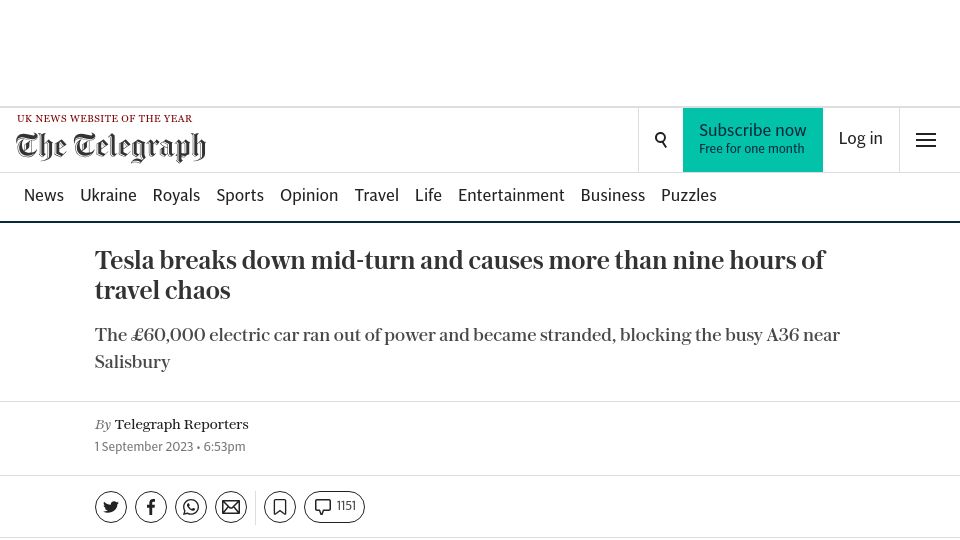 Screenshot of telegraph.co.uk: Tesla breaks down mid-turn and causes more than nine hours of travel chaos