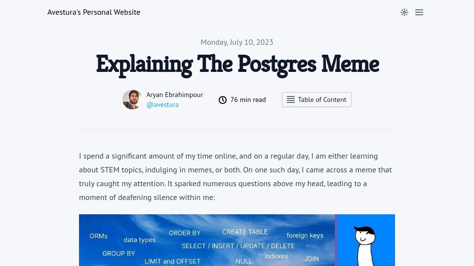 Screenshot of avestura.dev: Explaining the Postgres iceberg