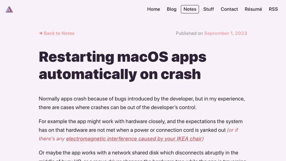 Screenshot of notes.alinpanaitiu.com: Restarting macOS apps automatically on crash