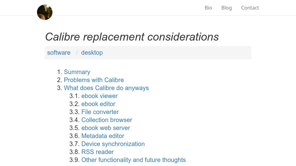 Screenshot of anarc.at: Calibre replacement considerations (2019)