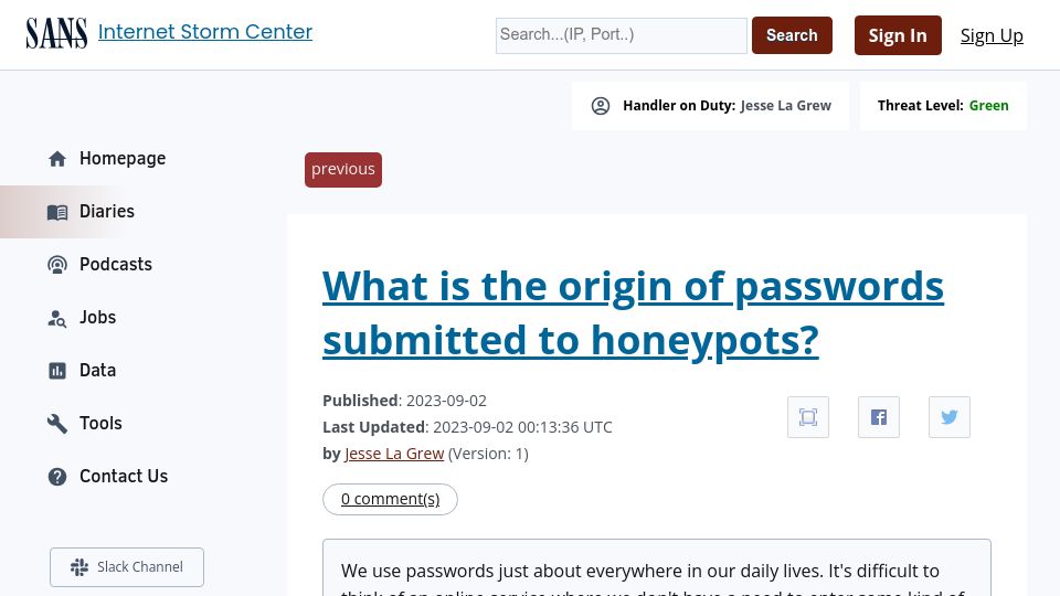 Screenshot of isc.sans.edu: What is the origin of passwords submitted to honeypots?