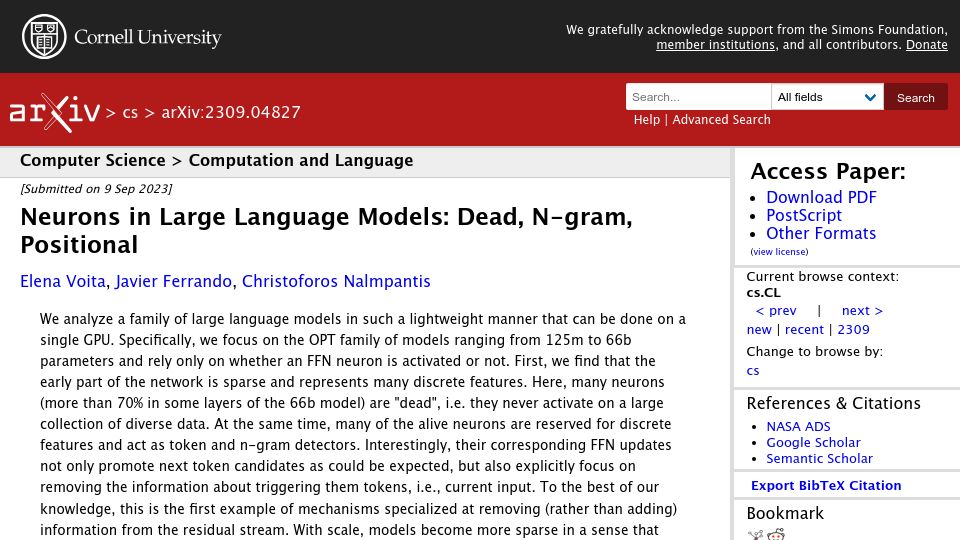 Screenshot of arxiv.org: Neurons in Large Language Models: Dead, N-Gram, Positional
