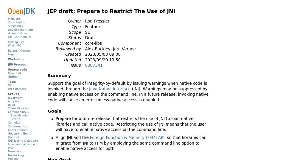Screenshot of openjdk.org: JEP draft: Prepare to restrict the use of JNI