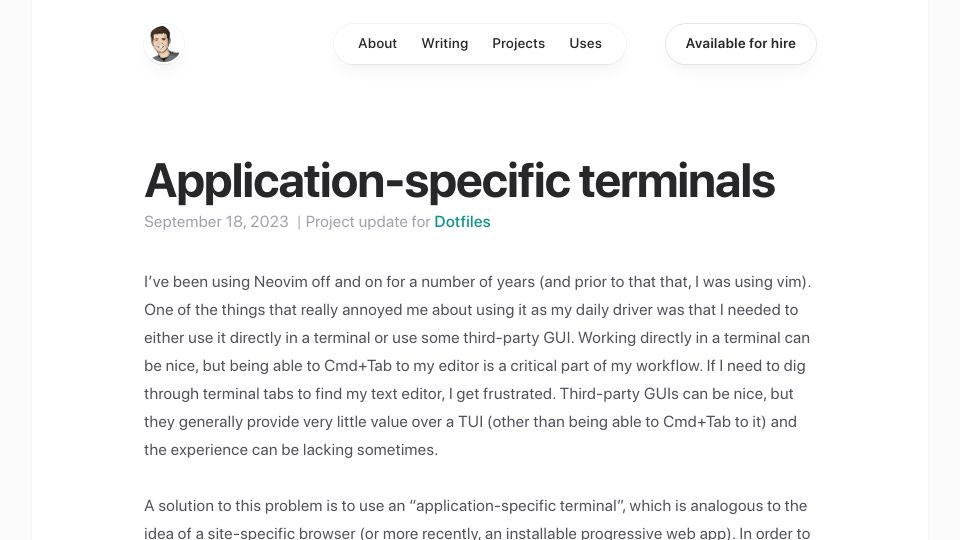 Screenshot of cweagans.net: Application-specific terminals