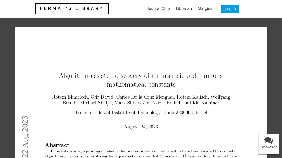 Screenshot of fermatslibrary.com: Algorithm-assisted discovery of an intrinsic order among mathematical constants