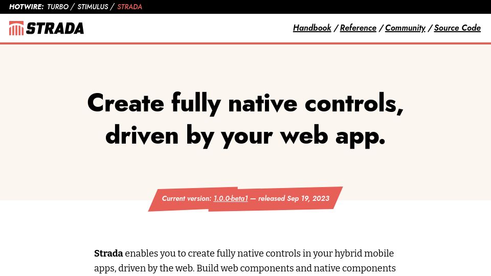 Screenshot of strada.hotwired.dev: Strada – Create fully native controls, driven by your web app