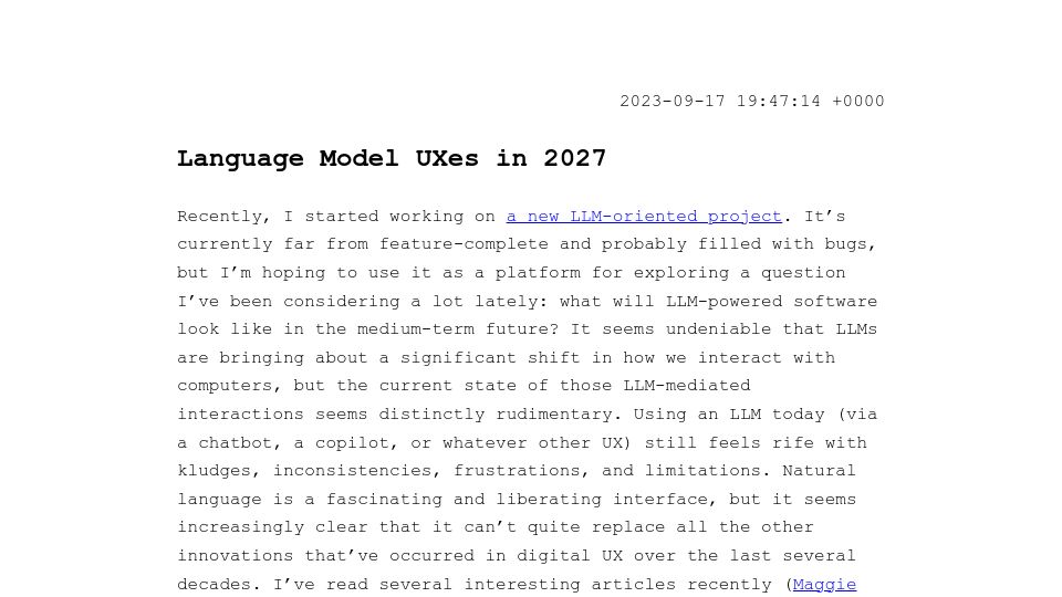 Screenshot of vishnumenon.com: What will LLM-powered software look like in the medium-term future?