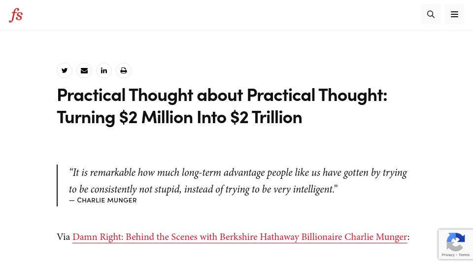 Screenshot of fs.blog: Charlie Munger: Turning $2M Into $2T