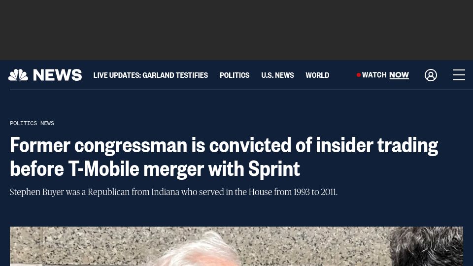 Screenshot of nbcnews.com: Ex-congressman convicted of insider trading before T-Mobile merger with Sprint