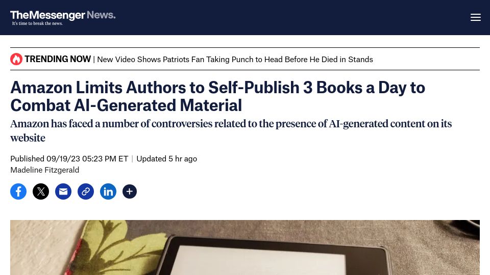 Screenshot of themessenger.com: Amazon limits authors to 3 books a day to combat AI-generated material