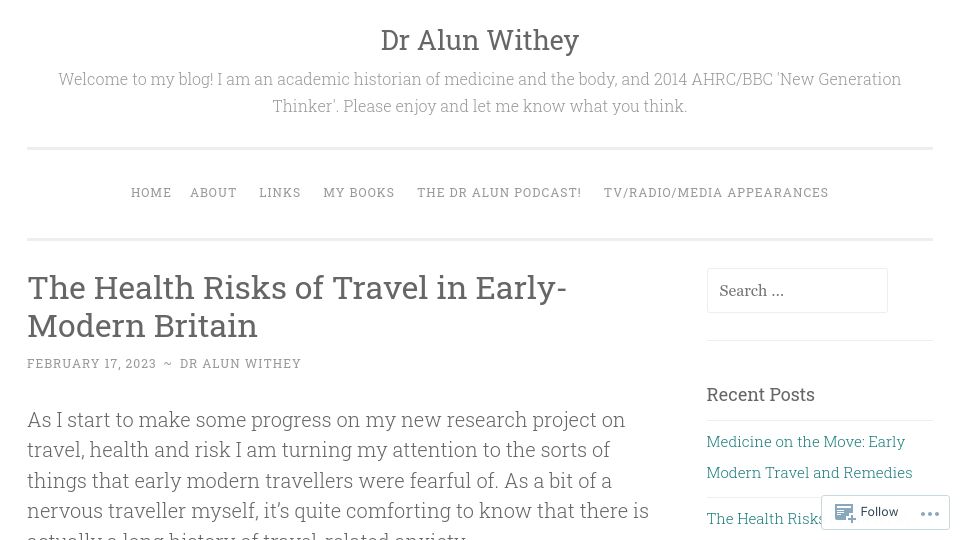 Screenshot of dralun.wordpress.com: Health risks of travel in early-modern Britain