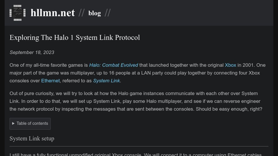 Screenshot of hllmn.net: Exploring the Halo 1 System Link Protocol