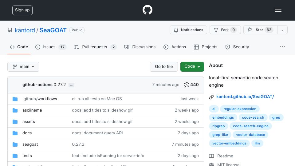 Screenshot of github.com: Show HN: SeaGOAT – local, “AI-based” grep for semantic code search