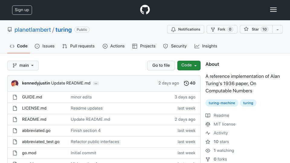 Screenshot of github.com: Show HN: A reference implementation of Turing's paper “On Computable Numbers”