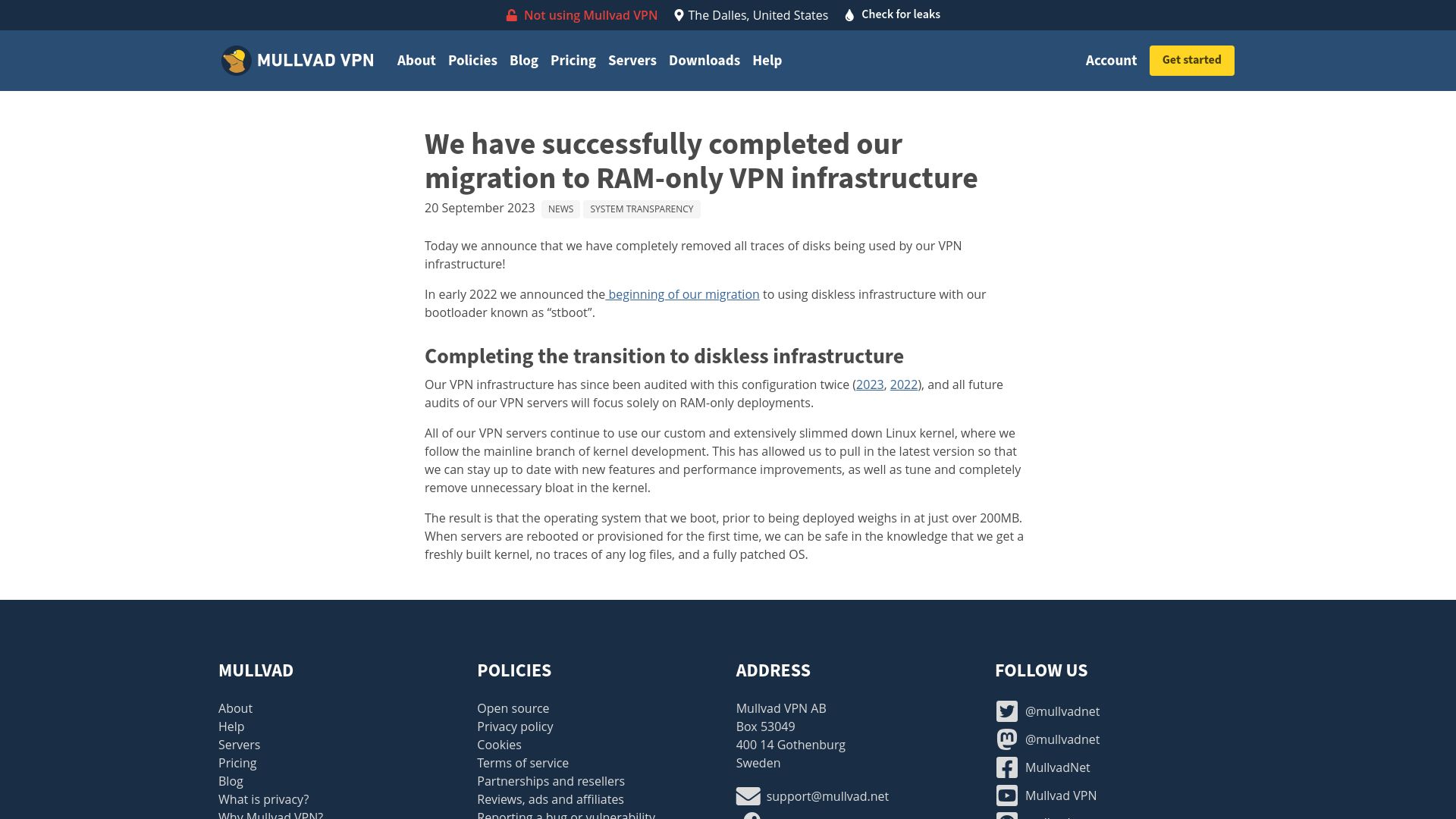 Screenshot of mullvad.net: We have successfully completed our migration to RAM-only VPN infrastructure