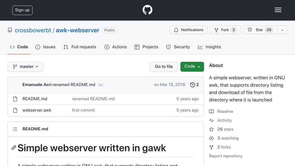 Screenshot of github.com: A simple web server written in Awk