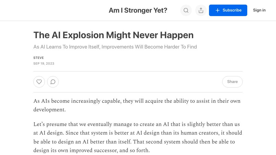 Screenshot of amistrongeryet.substack.com: The AI explosion might never happen