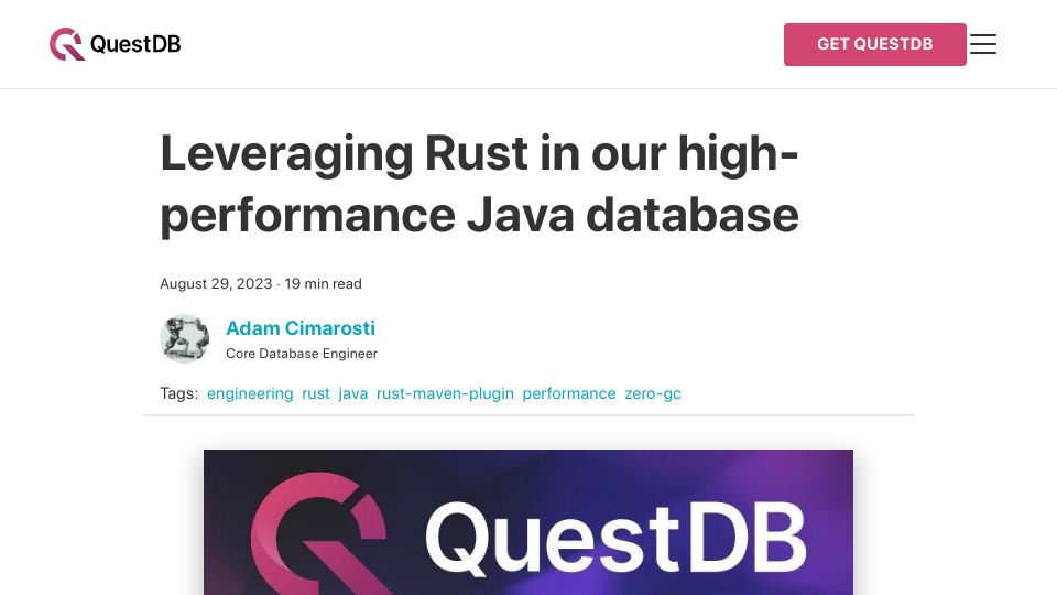 Screenshot of questdb.io: Leveraging Rust in our Java database