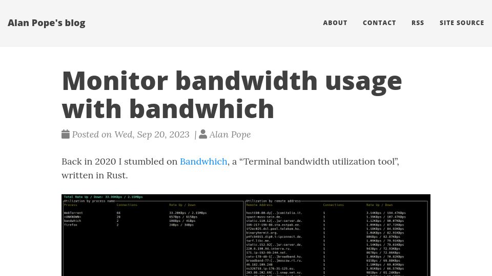 Screenshot of popey.com: Monitor bandwidth usage with bandwhich (and build a snap package of it)