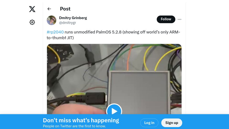 Screenshot of twitter.com: Rp2040 runs unmodified PalmOS 5.2.8