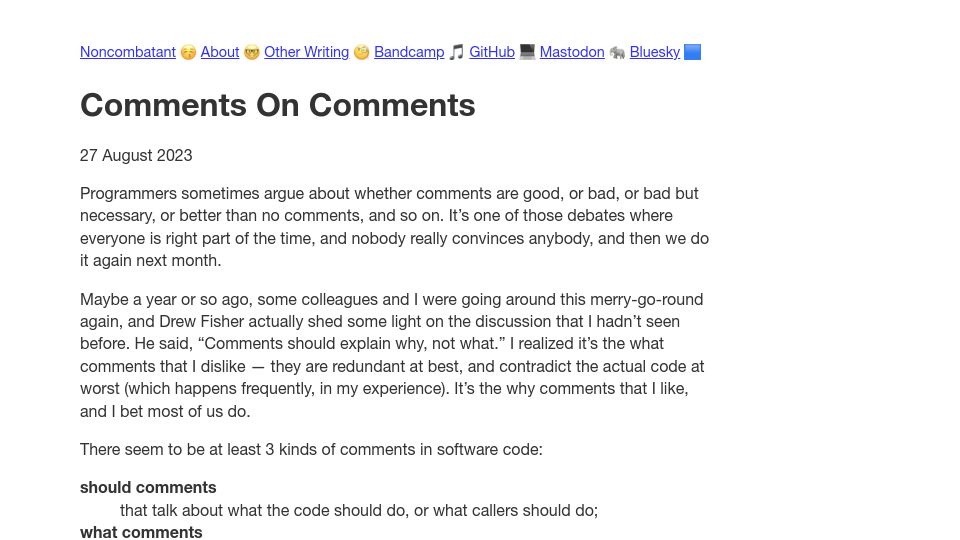 Screenshot of noncombatant.org: Comments on Comments