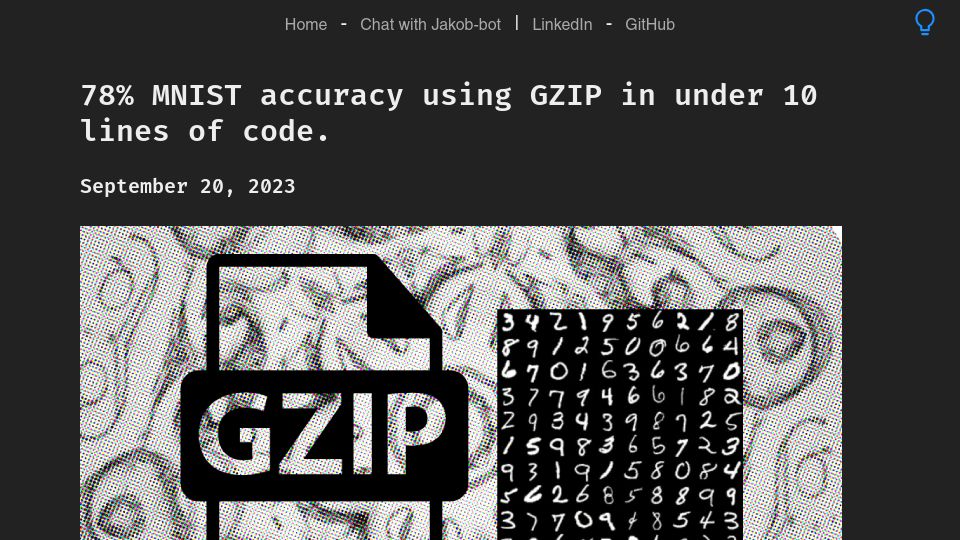 Screenshot of jakobs.dev: 78% MNIST accuracy using GZIP in under 10 lines of code