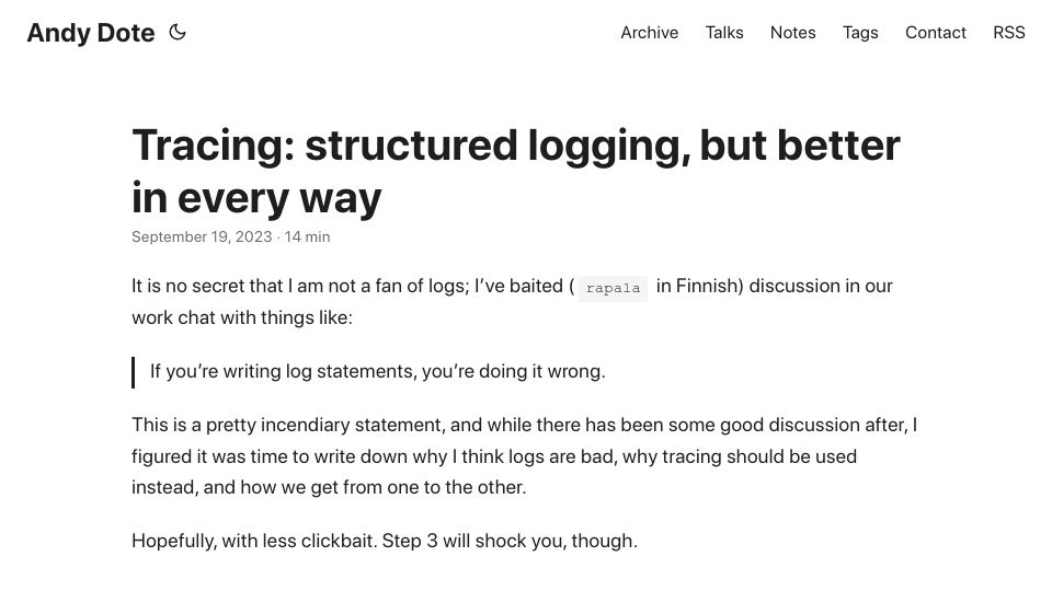 Screenshot of andydote.co.uk: Tracing: Structured logging, but better