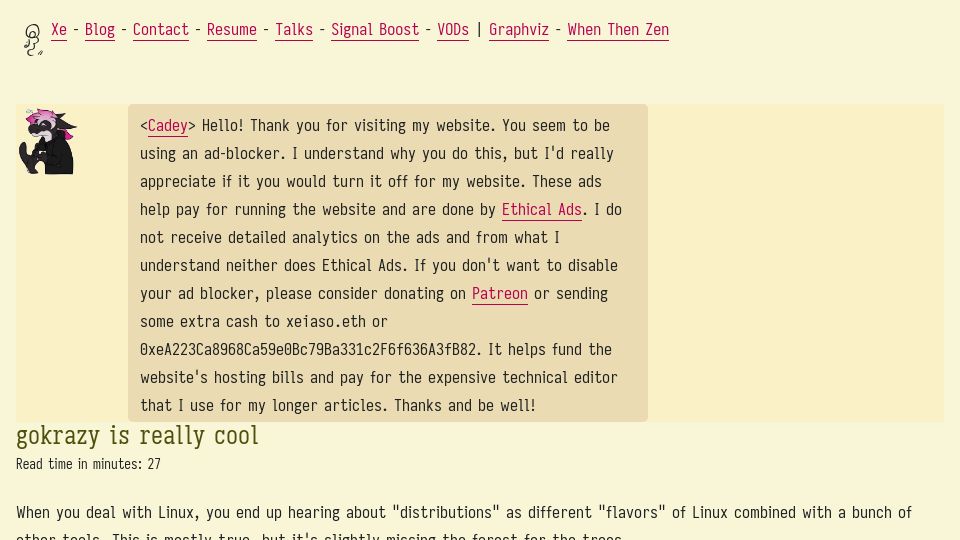 Screenshot of xeiaso.net: Gokrazy is cool