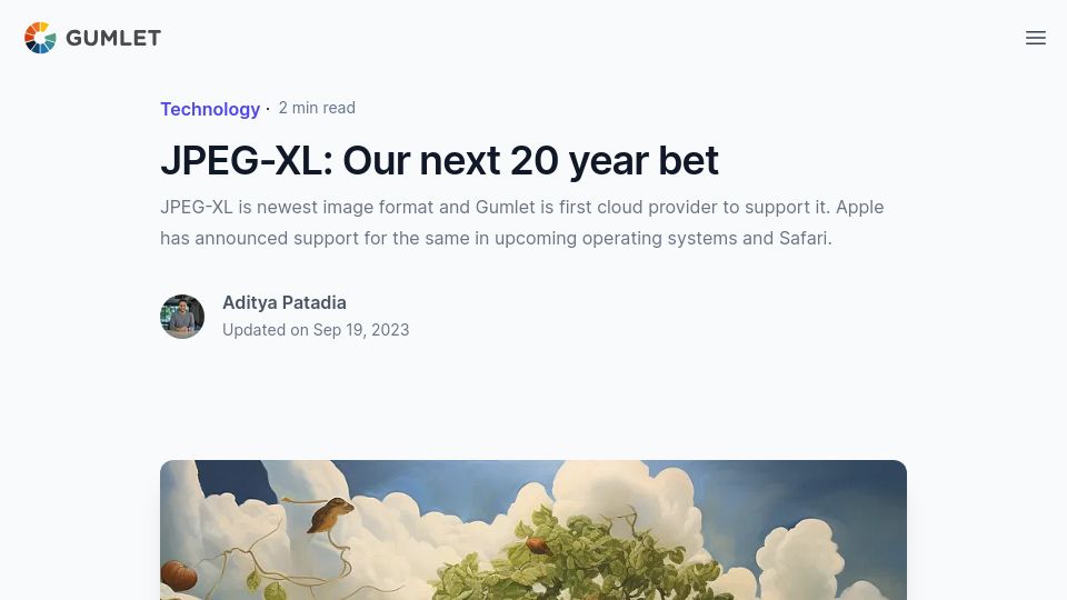 Screenshot of gumlet.com: First automatic JPEG-XL cloud service