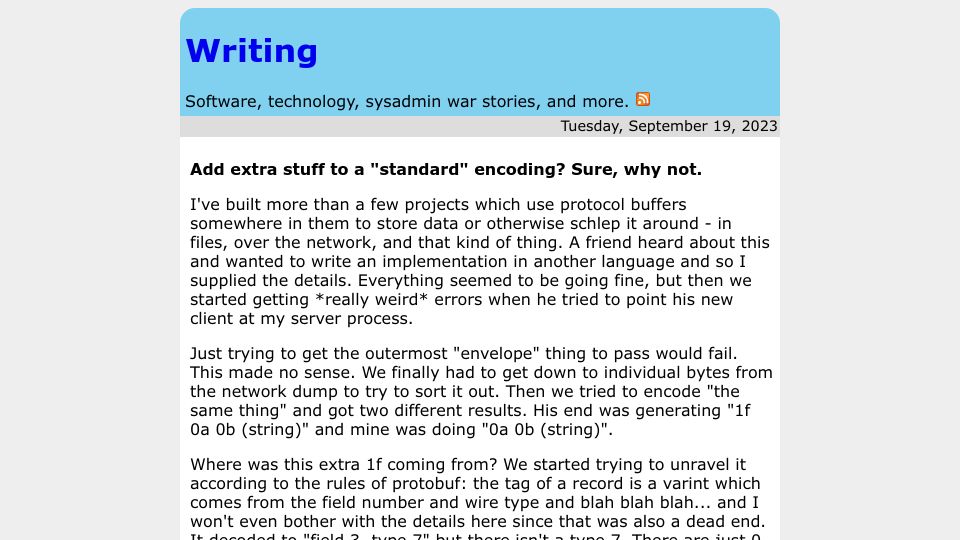 Screenshot of rachelbythebay.com: Add extra stuff to a “standard” encoding? Sure, why not