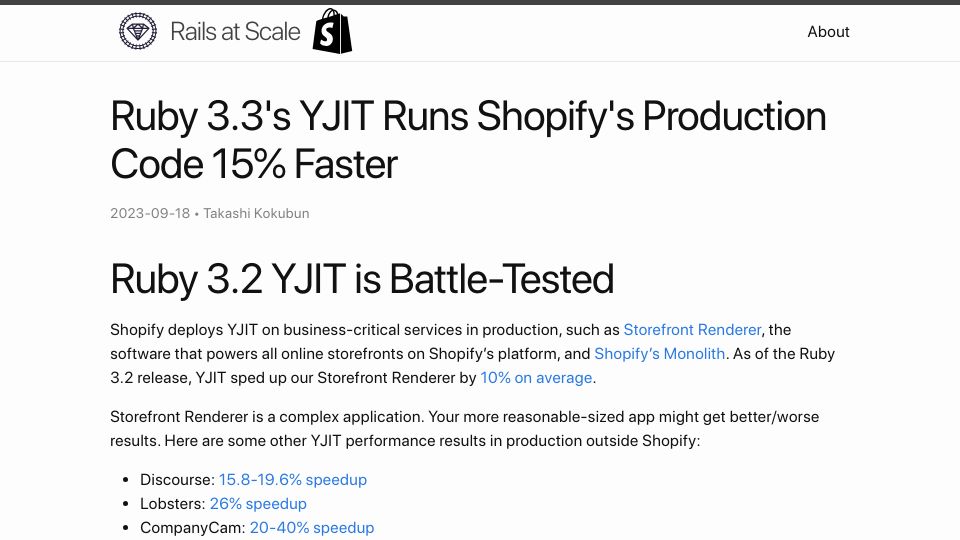 Screenshot of railsatscale.com: Ruby 3.3's YJIT Runs Shopify's Production Code 15% Faster
