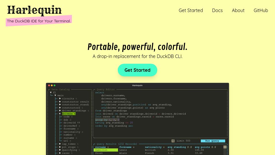 Screenshot of harlequin.sh: Harlequin: DuckDB IDE for the terminal