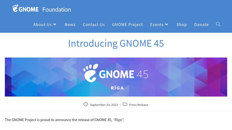 Screenshot of foundation.gnome.org: Gnome 45