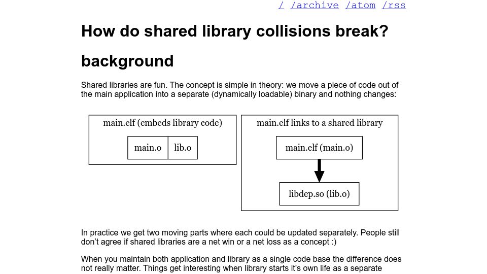 Screenshot of trofi.github.io: How do shared library collisions break? (2022)